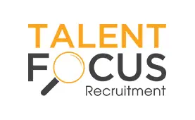 Logo of Talent Focus Recruitment featuring stylized black text “TALENT” above orange text “FOCUS,” with a magnifying glass symbol replacing the letter ‘O’ in “FOCUS,” and the word “Recruitment” in smaller black font below.