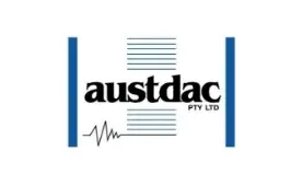 Logo of Austdac Pty Ltd featuring stylized text with a waveform design below it, flanked by two vertical blue lines.