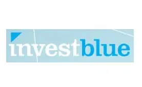 Logo of Invest Blue with stylized blue text and a blue abstract shape.