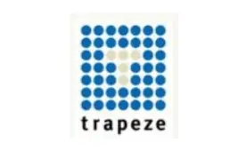 Logo with a grid of blue dots forming the word “trapeze” in negative space.